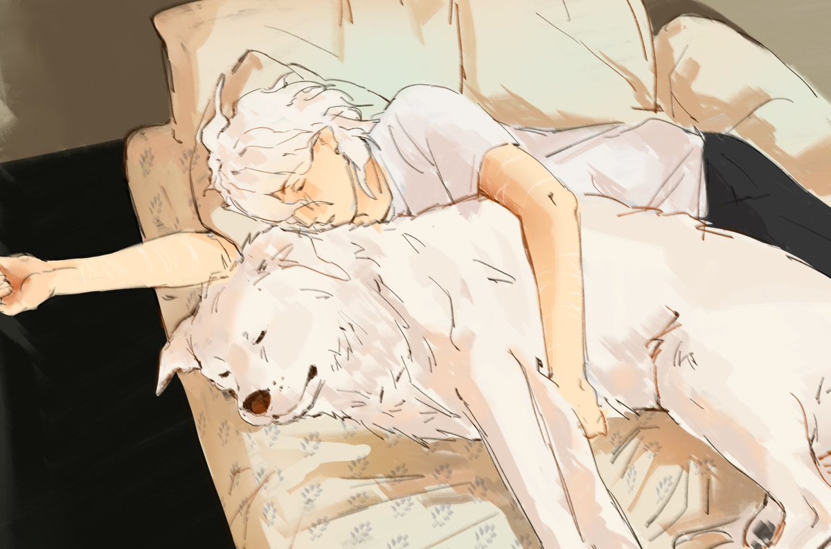 4po_11o's tweet photo. needed comfort so here's more nagito and the dog.. they're napping aww https://t.co/EMWz3m8usD