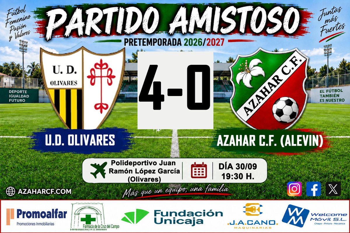 cf_azahar's tweet photo. Resultado del partido amistoso del equipo Alevín.
💪⚽💚🤍❤️⚽💪
#azaharcf
#familiaazahar
Patrocinados por:
#promoalfar
#farmacialacruzdelcampo
@FundUnicaja 
#maquinariasjacano
@TallerWelcome 
https://t.co/NwhwIvy2d1 https://t.co/hOzLuBeLmQ