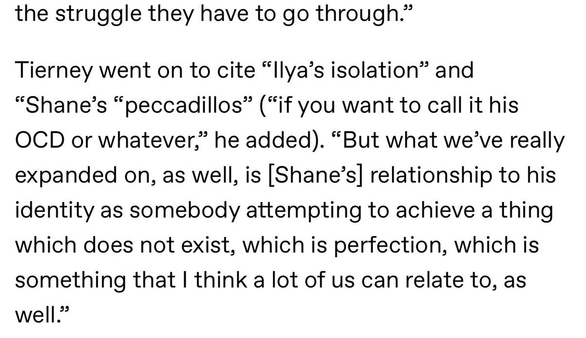 hudsononIy's tweet photo. “But what we’ve really expanded on, as well, is [Shane’s] relationship to his identity as somebody attempting to achieve a thing which does not exist, which is perfection, which is something that I think a lot of us can relate to, as well.” https://t.co/NlIzBJkkUs