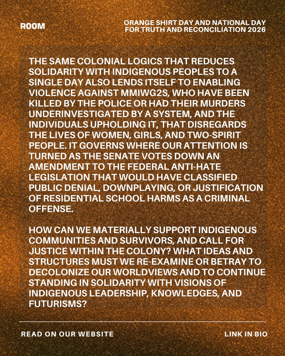 RoomMagazine's tweet photo. On this Orange Shirt Day and National Day for Truth and Reconciliation, Room reaffirms our solidarity with the sovereignty of all Indigenous peoples worldwide and in so-called Canada.

https://t.co/BRd0pmxk7p https://t.co/XyJFMk7Dda