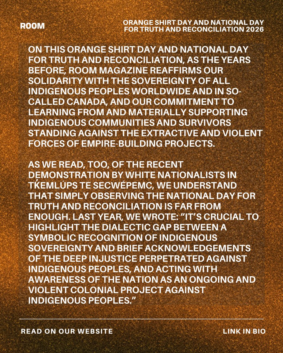 RoomMagazine's tweet photo. On this Orange Shirt Day and National Day for Truth and Reconciliation, Room reaffirms our solidarity with the sovereignty of all Indigenous peoples worldwide and in so-called Canada.

https://t.co/BRd0pmxk7p https://t.co/XyJFMk7Dda