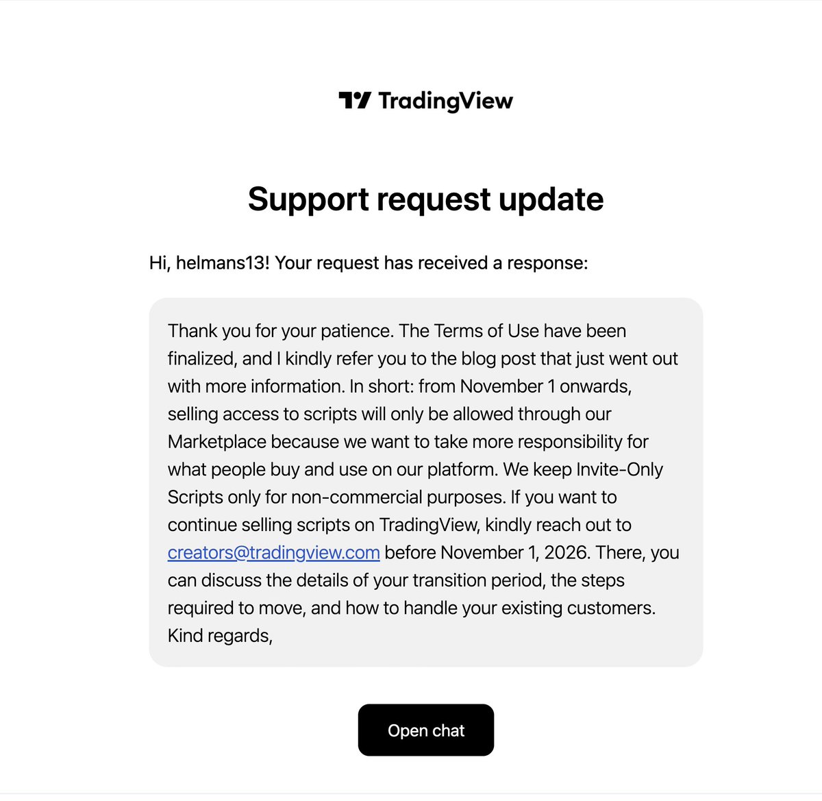 RHerman's tweet photo. 🚨 TradingView killed the $29.95/user fee drama - but replaced it with something MUCH bigger.

From Nov 1:

• Commercial Invite-Only scripts/indicators move to Marketplace
• Whop → TradingView paid access effectively ends
• 7-day refund window
• No grandfathered pricing
• Payout settlement can take up to 30 days
• 0% platform fee today - but not guaranteed forever

TradingView is now taking much more control over the paid Pine Script ecosystem.

Better deal - or just a different kind of platform risk?

Stay with @tradingview , move to @NinjaTrader  / cTrader / MetaTrader / Sierra Chart, or build your own?

#TradingView