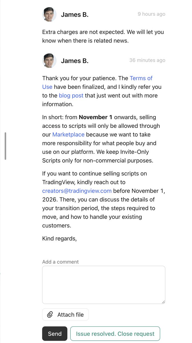 RHerman's tweet photo. 🚨 TradingView killed the $29.95/user fee drama - but replaced it with something MUCH bigger.

From Nov 1:

• Commercial Invite-Only scripts/indicators move to Marketplace
• Whop → TradingView paid access effectively ends
• 7-day refund window
• No grandfathered pricing
• Payout settlement can take up to 30 days
• 0% platform fee today - but not guaranteed forever

TradingView is now taking much more control over the paid Pine Script ecosystem.

Better deal - or just a different kind of platform risk?

Stay with @tradingview , move to @NinjaTrader  / cTrader / MetaTrader / Sierra Chart, or build your own?

#TradingView