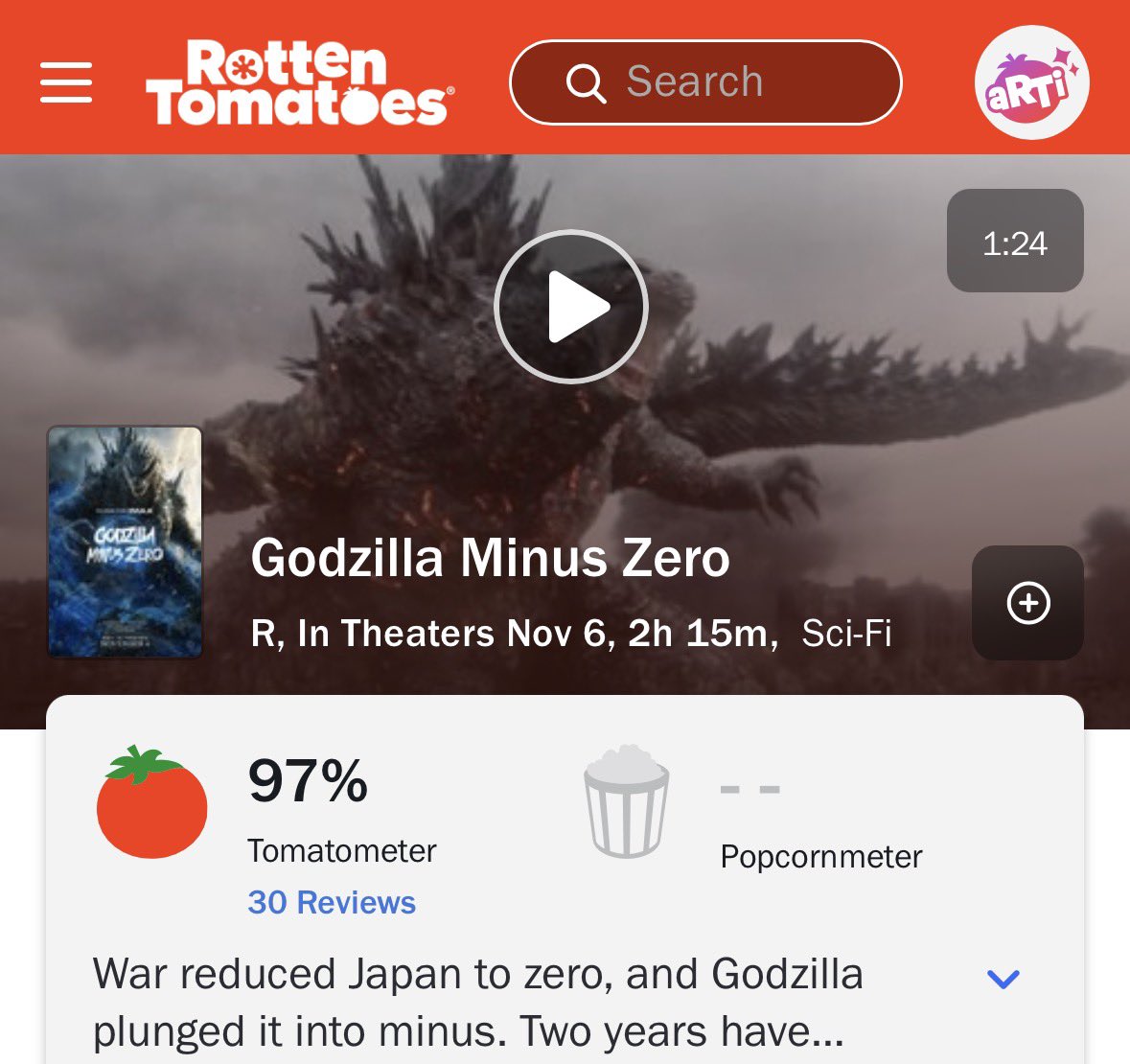 Mr_goji54's tweet photo. 🚨 'Godzilla Minus Zero' Tomatometer has once again INCREASED to an impressive 97% on Rotten Tomatoes with 30 reviews. 🚨

It debated at 92% a few days ago. https://t.co/aUyhGkr4FF