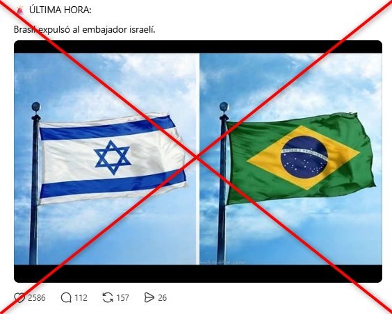 AfpFactual's tweet photo. 🇧🇷 🇮🇱 “ÚLTIMA HORA: Brasil expulsa al embajador israelí”, afirma un mensaje difundido en septiembre de 2026 en redes sociales.

❌Es falso. Israel no tiene embajador en Brasilia desde 2025, cuando finalizó el mandato del diplomático Daniel Zonshine.

➡️ https://t.co/uYg4238Pw2 https://t.co/VKiaBSIoFr