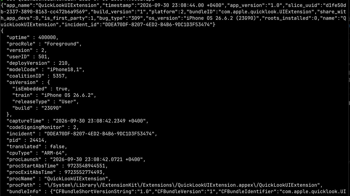 odinshell's tweet photo. Since it's already public from https://t.co/3EX4ZqEkSc - 

WhatsApp → QuickLook ext → PDFKit → PaperKit → PDFKit → CoreGraphics (aa_cache_render)

Reachable from a crafted PDF/font via the ImageIO/thumbnail path (QuickLook/sips). https://t.co/Iq6SB0UuYs