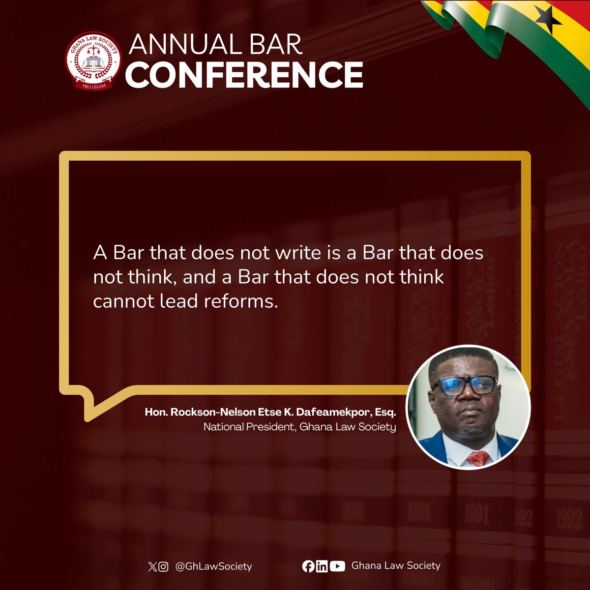 GHLawSociety's tweet photo. “What the Bar must change”
Excerpts from the National President of the Ghana Law Society at the GLS Annual Bar Conference 2026
#GLSBarConference2026
#GhanaLawSociety
#prolegem https://t.co/Nwr2KU3ePY