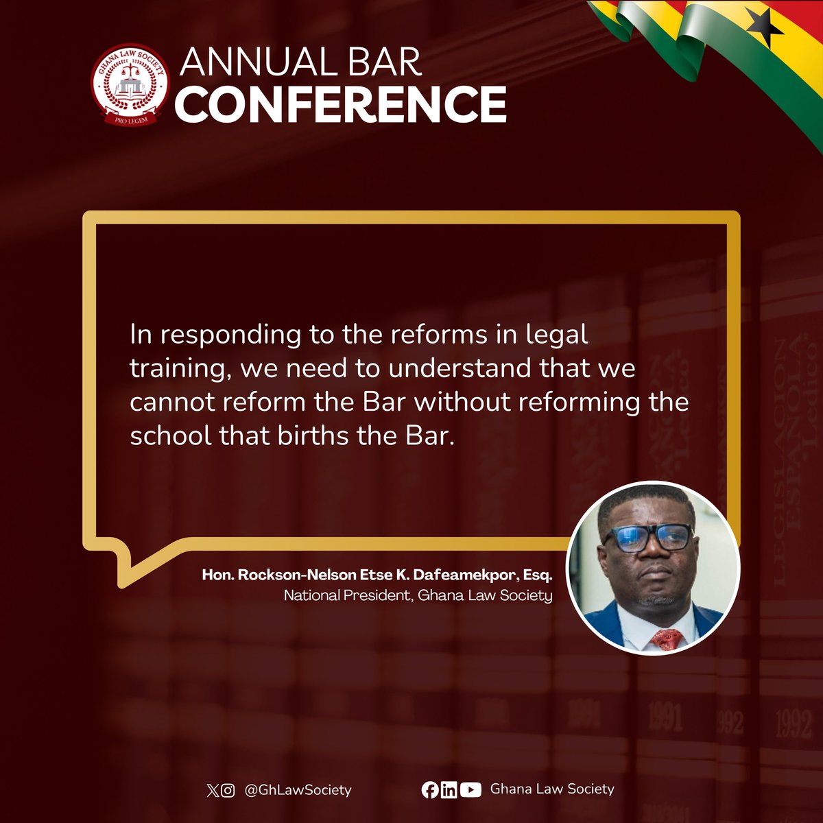 GHLawSociety's tweet photo. “What the Bar must change”
Excerpts from the National President of the Ghana Law Society at the GLS Annual Bar Conference 2026
#GLSBarConference2026
#GhanaLawSociety
#prolegem https://t.co/Nwr2KU3ePY