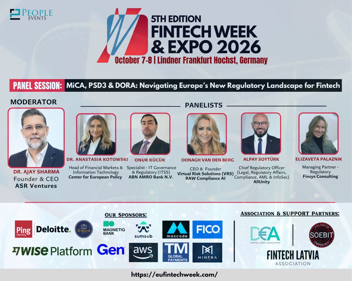 AllUnityStable's tweet photo. Excited to share that Dr. Alpay Soytürk, CRO at AllUnity, will speak at the 5th Fintech Week & Expo 2026 (@_peopleevents ).

The discussion will focus on how BaFin-licensed E-Money Tokens (EMTs) fit inside European payments, digital operational resilience under DORA, and risk management frameworks for multi-jurisdictional financial infrastructure.

📅  7–8 October 2026 📍 Lindner Frankfurt Höchst, Germany

💡 MiCA, PSD3 & DORA: Navigating Europe's New Regulatory Landscape for Fintech

View the full 5th Fintech Week agenda and event schedule: https://t.co/r81qL3BQ9P

#AllUnity #EURAU #CHFAU #SEKAU #USDAU #FutureOfFinance #Stablecoin