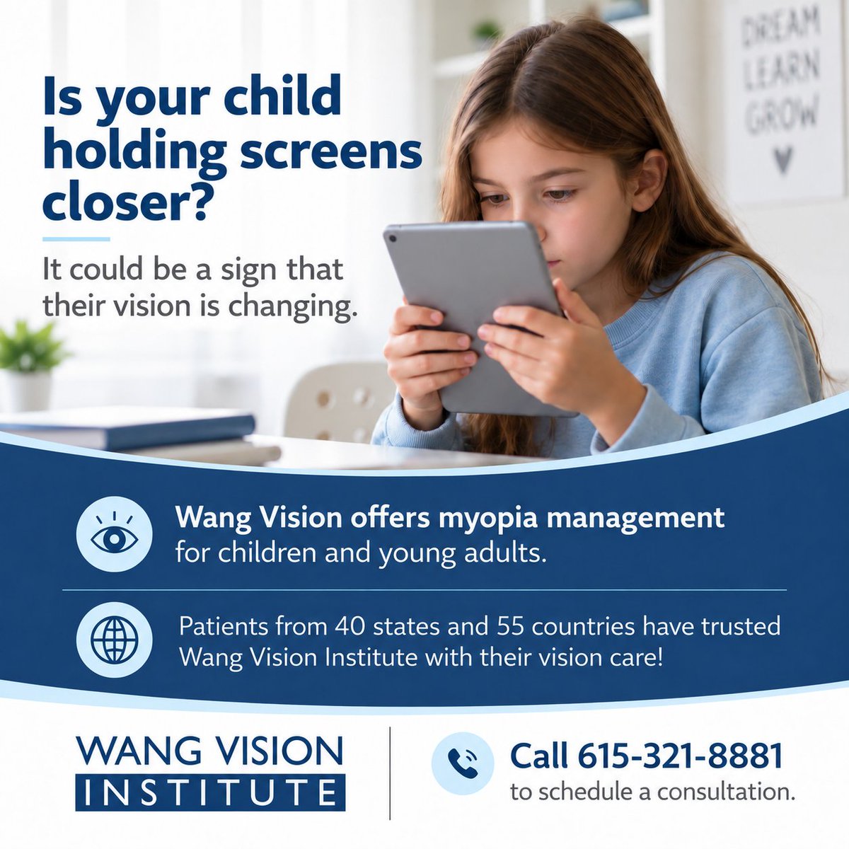 WangVision's tweet photo. Wang Vision Institute offers myopia management for children and young adults to help address changing vision and support long-term eye health.
📞 Call 615-321-8881 to schedule a consultation.
#WangVision #MyopiaManagement #Myopia #Nearsightedness #ChildrensEyeHealth #VisionCare https://t.co/vBur79NwHd