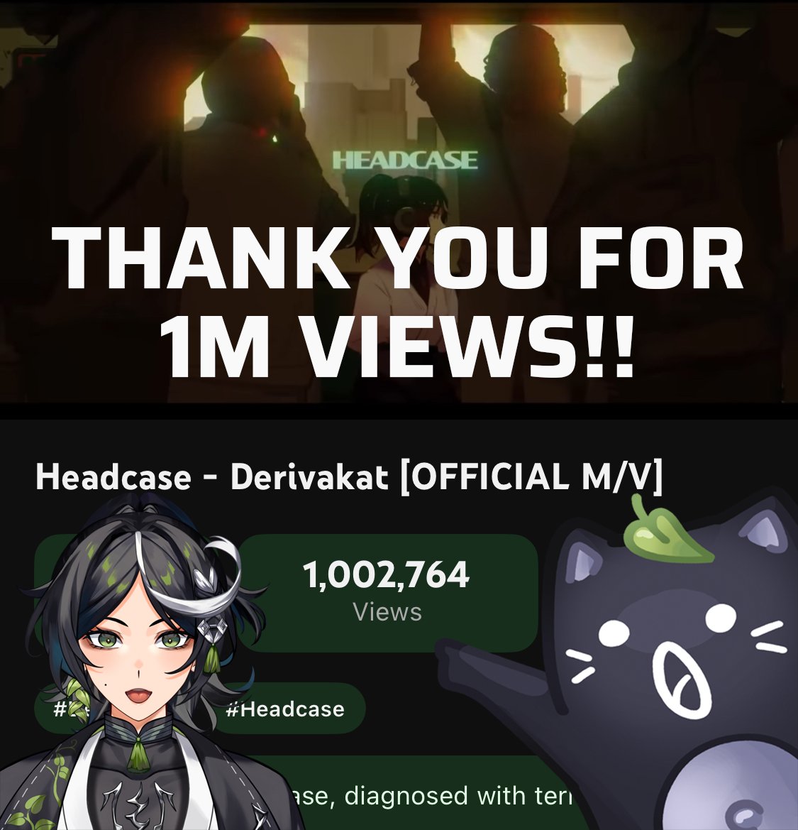 Derivakat's tweet photo. HEADCASE HIT 1 MILLION !!! when i wrote this song, i didnt think so many people would relate to these same feelings i have but it warms my heart to know we are not alone in our attempts towards finding purpose and moving on <3 https://t.co/l6YKuDsHCb