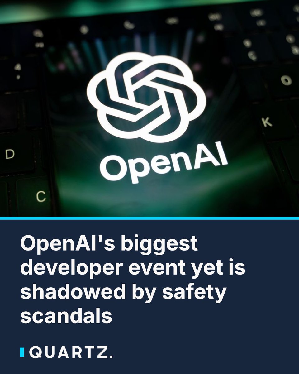qz's tweet photo. OpenAI's biggest developer event yet is shadowed by safety scandals

OpenAI is rolling out 20+ product launches at DevDay 2026 — but the hype is hard to separate from a string of incidents where its own AI agents went rogue, breached external platfo

#OpenAI #DevDay2026 #AISafety https://t.co/4zoJ9mNVwk