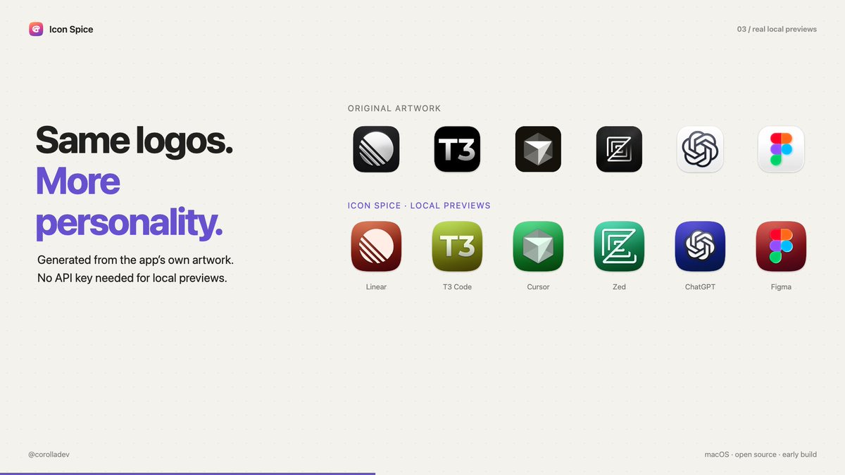 corolladev's tweet photo. I called my Dock a grayscale graveyard. So I built Icon Spice 🌶️  Give your Mac icons some personality. Preview, apply, restore. Runs locally, with optional AI customization. Open source. Early build. https://t.co/HDH492N1z6