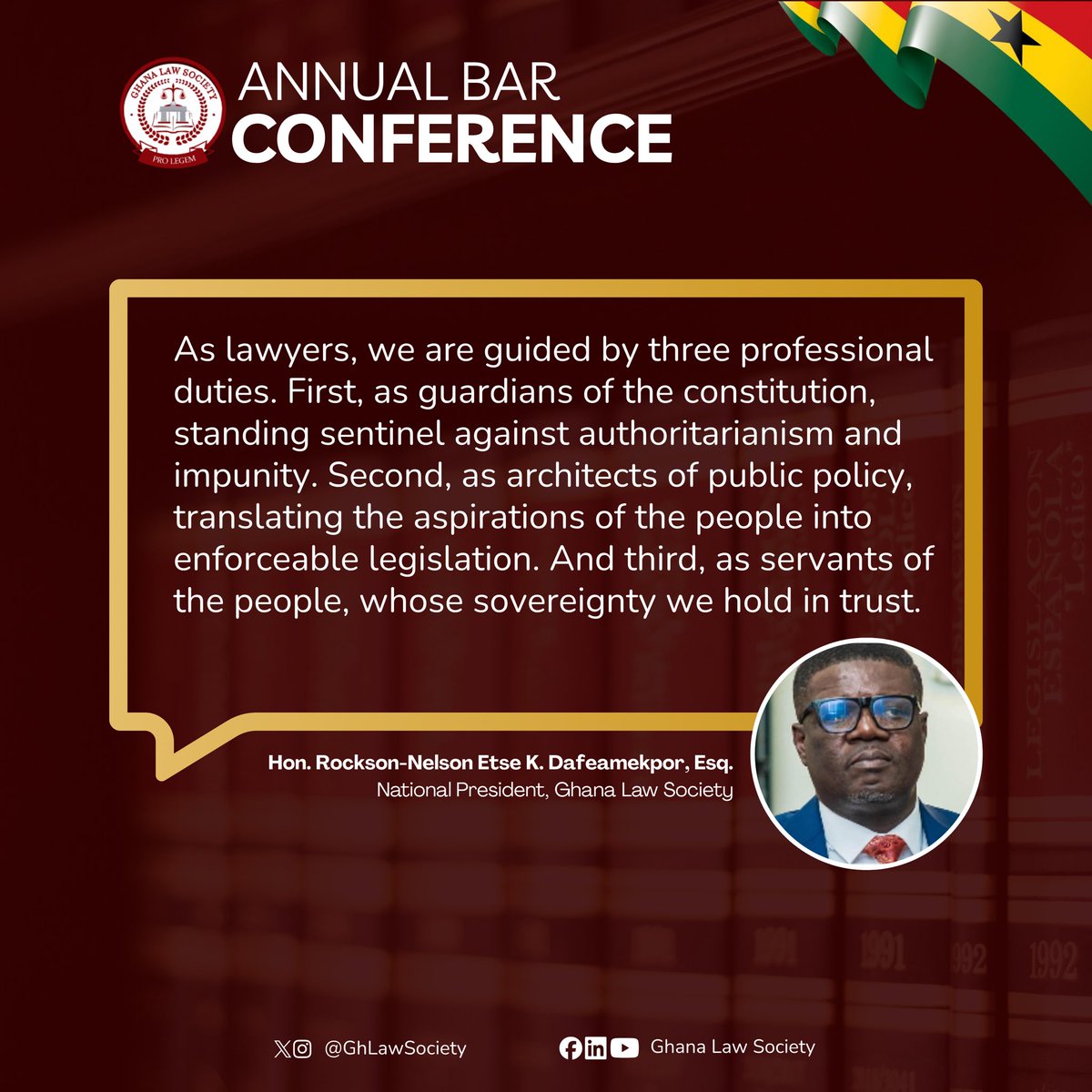 GHLawSociety's tweet photo. “The profession’s public duty”
Excerpts from the National President of the Ghana Law Society at the GLS Annual Bar Conference 2026
#GLSBarConference2026
#GhanaLawSociety
#prolegem https://t.co/VIgFJv2R5O