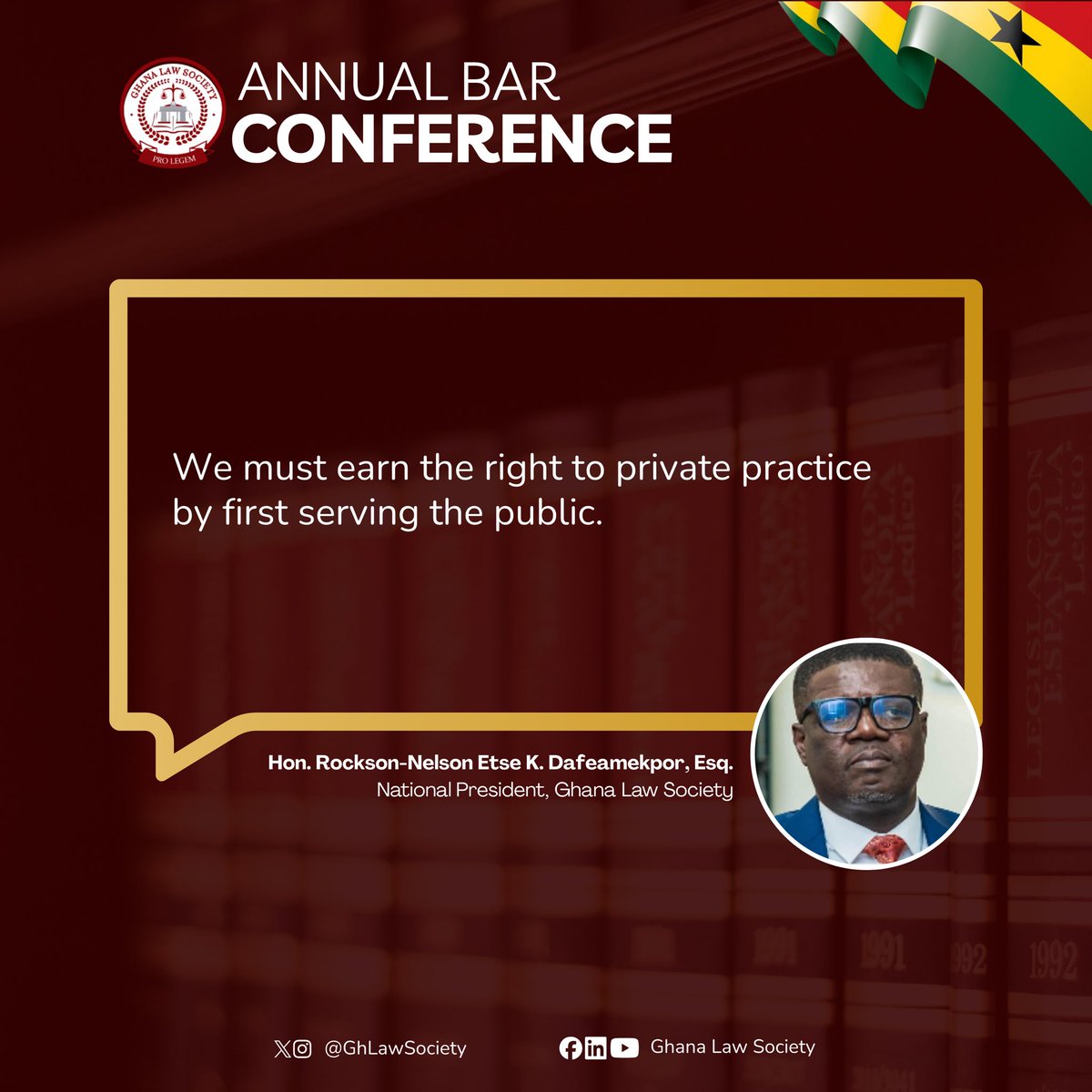 GHLawSociety's tweet photo. “The profession’s public duty”
Excerpts from the National President of the Ghana Law Society at the GLS Annual Bar Conference 2026
#GLSBarConference2026
#GhanaLawSociety
#prolegem https://t.co/VIgFJv2R5O