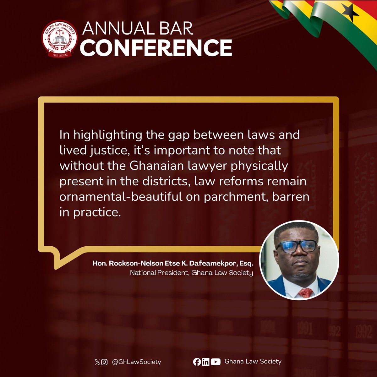 GHLawSociety's tweet photo. “The profession’s public duty”
Excerpts from the National President of the Ghana Law Society at the GLS Annual Bar Conference 2026
#GLSBarConference2026
#GhanaLawSociety
#prolegem https://t.co/VIgFJv2R5O