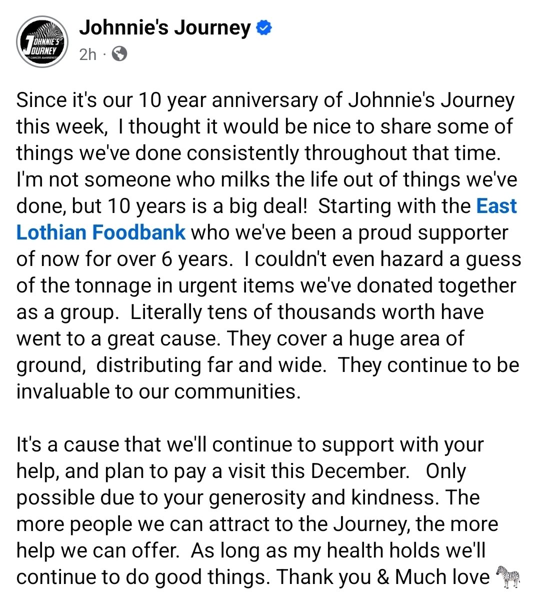 JMeeksJourney's tweet photo. Looking over the past decade at JJ.  We've been proud to support the @EL_Foodbank for over 6 years, and will continue to do so.  Tens of thousands worth of urgent items donated.   All thanks to the kindness of our supporters. Thank you 🦓🤍🖤 #netcancer https://t.co/4VdZNS1LRx