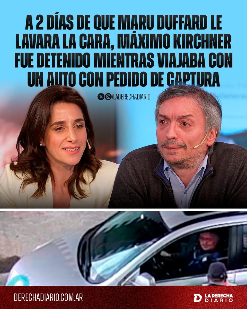 laderechadiario's tweet photo. 🚨🇦🇷 | A 2 DÍAS DE QUE MARU DUFFARD LE LAVARA LA CARA, MÁXIMO KIRCHNER FUE DETENIDO MIENTRAS VIAJABA CON UN AUTO CON PEDIDO DE CAPTURA

A tan solo dos días de que la periodista Maru Duffard hiciera un operativo mediático para normalizar a Máximo Kirchner, el ñoqui hijo de Cristina fue detenido mientras manejaba un auto con pedido de captura vigente por haber sido comprado con dinero de la corrupción, en el marco de la causa Hotesur.