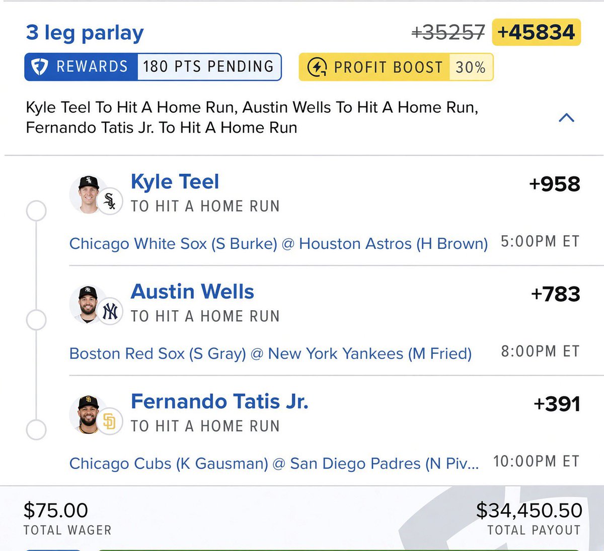 FcSlips's tweet photo. $75 → $34K 🔥
3 HRs. Teel. Wells. Tatis.
Let’s eat.
@Playbook https://t.co/pR4pK1iNJd