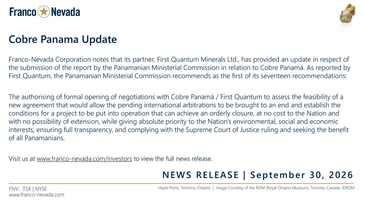 FrancoNevadaFNV's tweet photo. Cobre Panamá Update

Franco-Nevada has issued a news release regarding the Panamanian Ministerial Commission's report and its recommendation to authorize the opening of formal negotiations related to Cobre Panamá. View the press release here: https://t.co/XHjeYlwvSv https://t.co/DRRwefctei