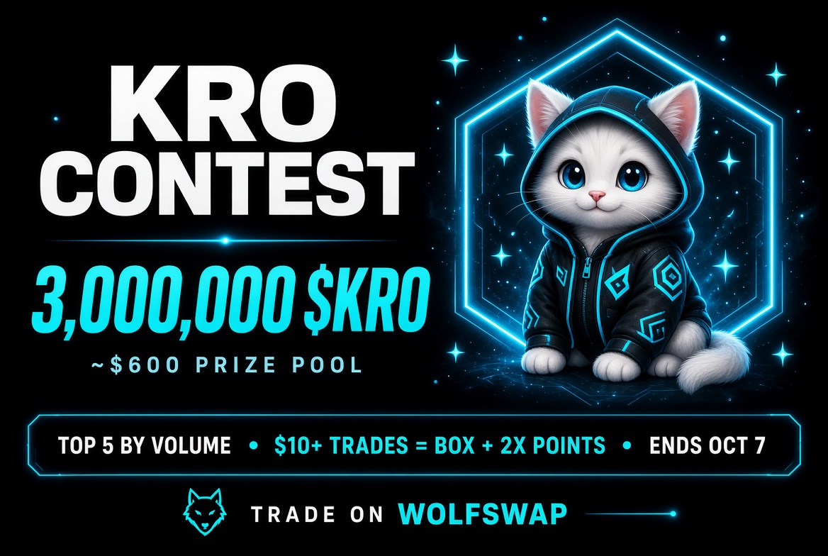 MrKhan10717's tweet photo. $KRO is live on @wolfswapdotapp.

Cronos Launch graduate. Now tradeable on the terminal.

3,000,000 $KRO (~$600) up for grabs with @KronaOnCronos.

Trade $KRO on WolfSWAP.

Top 5 by volume split the pool.
$10+ trades → Mystery Box chances + 2x season points.

Live now. Ends Oct 7.
https://t.co/qcLPCBFqXG

DYOR. Not financial advice.
#KRO #WolfSWAP #CroFam @CronosNetwork