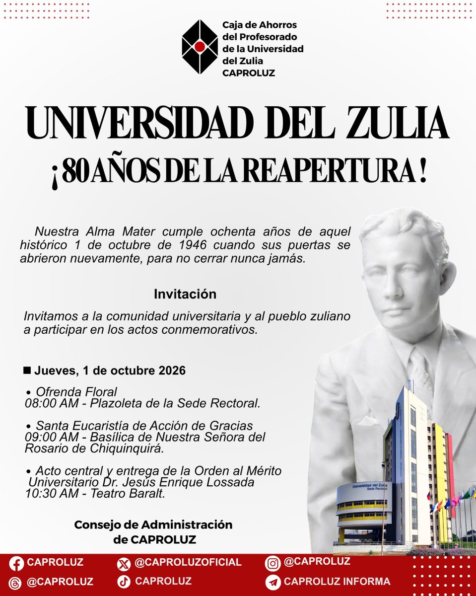 CAPROLUZOFICIAL's tweet photo. Nuestra Alma Mater celebra 80 años de su reapertura.

#caproluz #universidaddelzulia #LUZ https://t.co/9iZYc6DktI