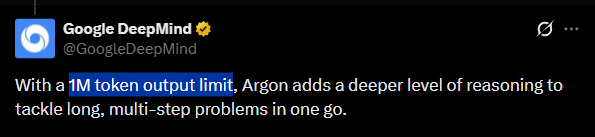 A screenshot of a tweet from Google DeepMind (@GoogleDeepMind) stating "With a 1M token output limit, Argon adds a deeper level of reasoning to tackle long, multi-step problems in one go." The image highlights the phrase "1M token output limit," which the accompanying post emphasizes is an output limit (not a context window), allowing Gemini 4 Argon to generate up to a million tokens in a single response—far exceeding the output caps of most frontier models.