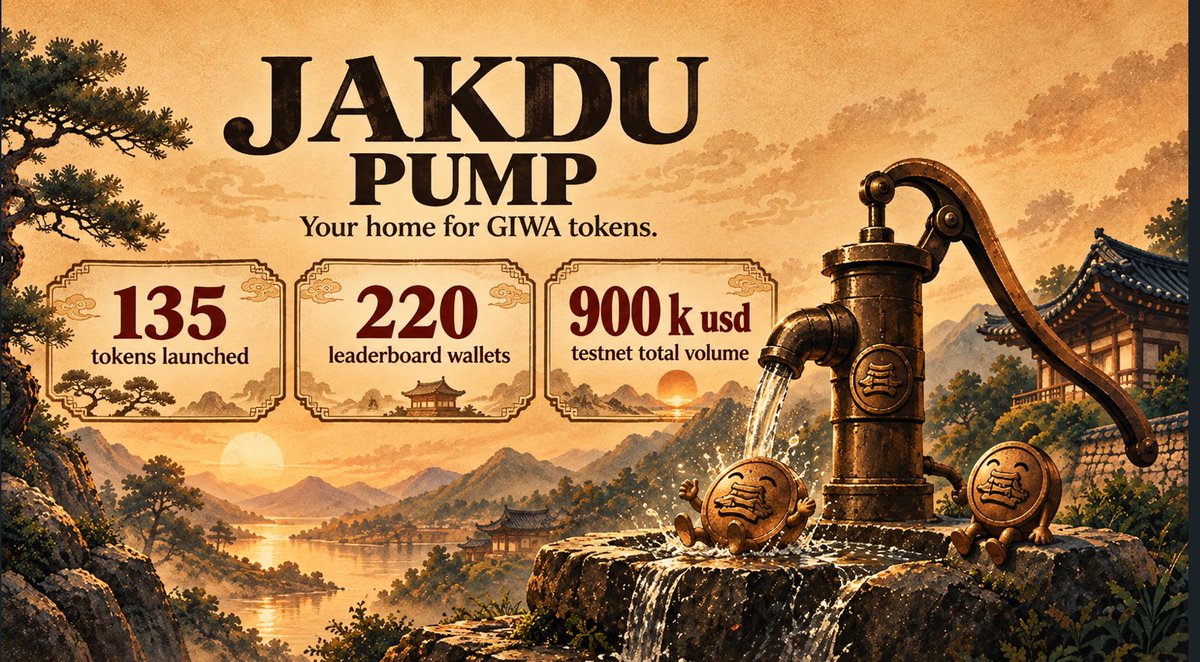 JakduPump's tweet photo. JAKDU PUMP Testnet keeps growing 🔥
135 tokens launched
220 leaderboard wallets
900 k usd testnet  total volume
@GIWA_by_Upbit  Testnet is heating up, and we’re only getting started.
Keep launching.
Keep swapping.
Keep climbing the leaderboard.
Keep earning JAKDU Points. 
https://t.co/dcnJbo1X07
Who’s ready for GIWA Mainnet? 👀