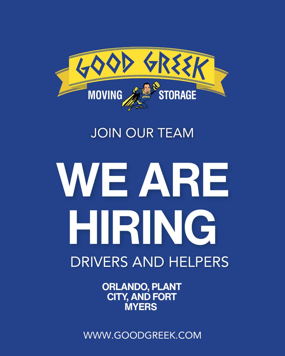 GoodGreekMoving's tweet photo. 🚨 🚨 HELP WANTED!! We Are Hiring Movers and Helpers ! #PLANTCITY #FORTMEYERS #ORLANDO. https://t.co/lIiFYwwzJx