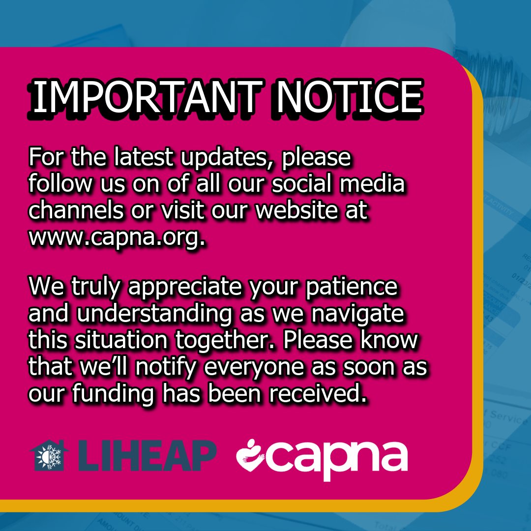 CAPofNAL's tweet photo. 💡 IMPORTANT NOTICE REGARDING UTILITY ASSISTANCE 💡
As of September 30, Cooling Season funds have been exhausted.
Thank you for your patience, understanding, and grace as we navigate this situation together.
#CAPNA #LIHEAP #UtilityAssistance https://t.co/1dM5yhkxLW