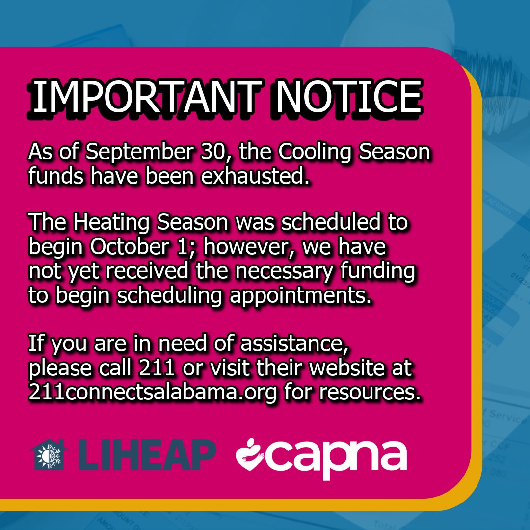 CAPofNAL's tweet photo. 💡 IMPORTANT NOTICE REGARDING UTILITY ASSISTANCE 💡
As of September 30, Cooling Season funds have been exhausted.
Thank you for your patience, understanding, and grace as we navigate this situation together.
#CAPNA #LIHEAP #UtilityAssistance https://t.co/1dM5yhkxLW