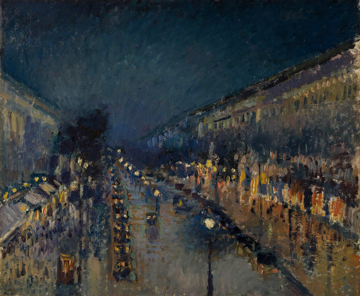 impression_ists's tweet photo. At 66, Pissarro could no longer paint outdoors because of his eyesight.

So he rented a room at the Grand Hôtel de Russie in Paris.

He painted 14 canvases. And only once at night.

The only night scene he ever painted became one of his most iconic paintings.

Boulevard Montmartre at Night is a reminder that sometimes, when the usual way no longer works, you can find a new one.