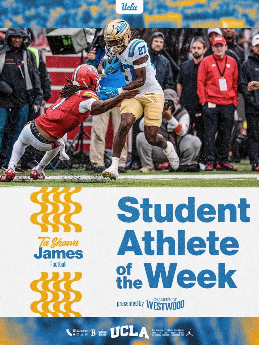 UCLAAthletics's tweet photo. Ta’Shawn James is your Student-Athlete of the Week!

James had four tackles and returned an interception for a touchdown in the @UCLAFootball 54-3 rout at Maryland. He was the Bruins' highest-rated defensive player in the game per PFF (94.8) as UCLA allowed its fewest points in a game since 2015.

➡️ https://t.co/xn9D6HO7zw

#GoBruins
