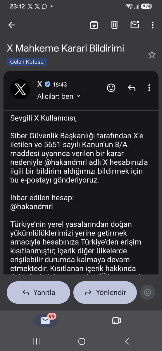 hakandemirel64's tweet photo. X mail atmış.
Detay istedim ,neden erişime  engellendi diye. https://t.co/ikxy95B2hF