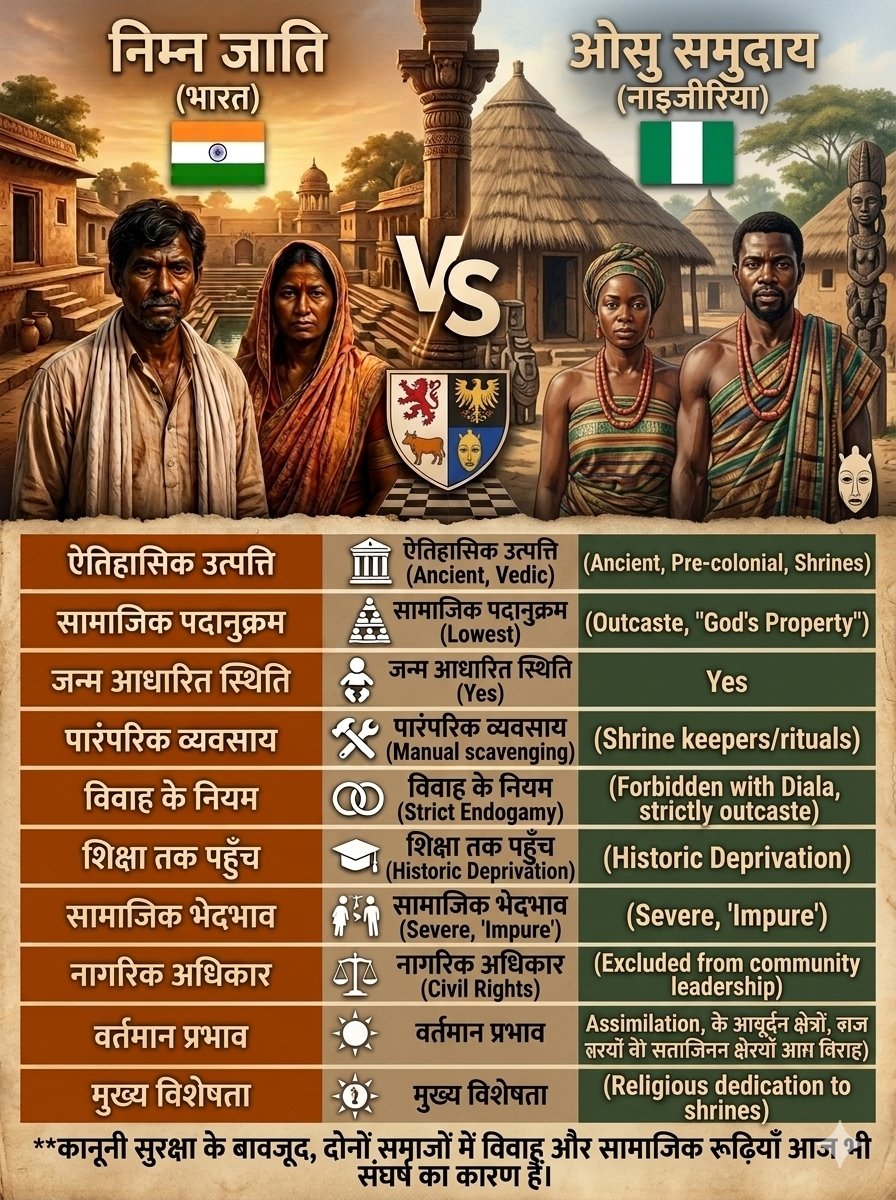 Ambuj31316910's tweet photo. इतिहास के वे पन्ने, जिन्हें अक्सर भुला दिया जाता है... नाइजीरिया के ओसु समुदाय का संघर्ष भारत के निम्न जातियों के सामाज���क इतिहास से अविश्वसनीय रूप से मेल खाता है। कानून बदल गए, लेकिन सामाजिक रूढ़ियों को बदलने में सदियां लग जाती हैं। https://t.co/ouG6Zp8riC