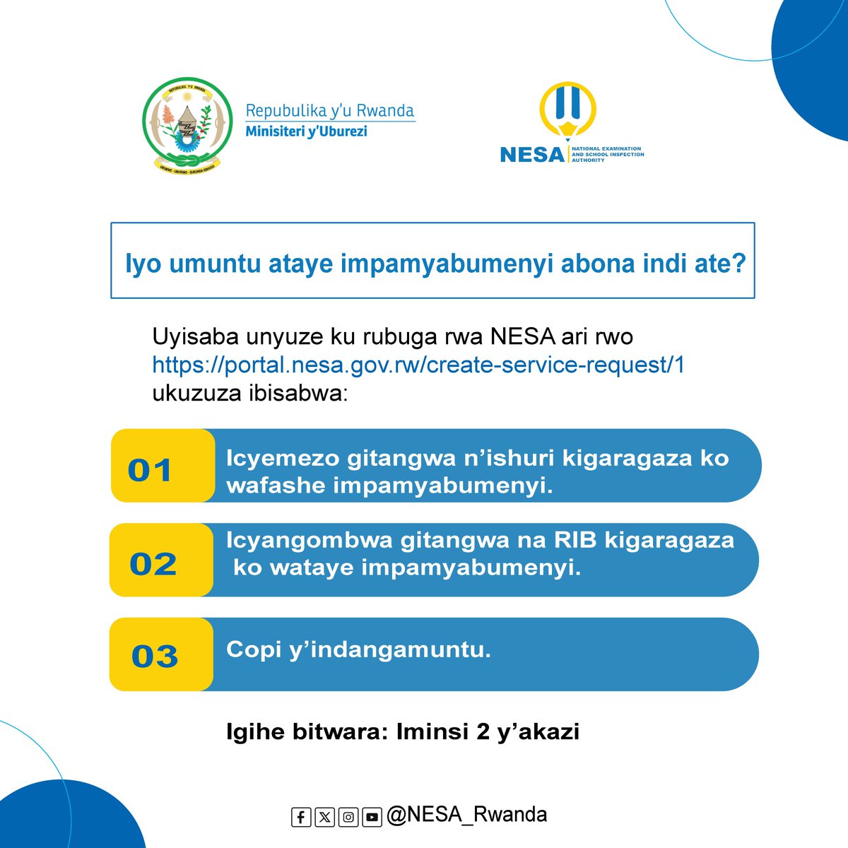 IradJacques's tweet photo. Watakaje impamyabumenyi yawe?

Ntukagire ubwoba. Ushobora kuyisaba ku rubuga rwa NESA unyuze kuri https://t.co/pBv9ajWTNW hanyuma ukuzuza ibisabwa byose.

#Rwanda #NESA https://t.co/tmiVv7BniZ