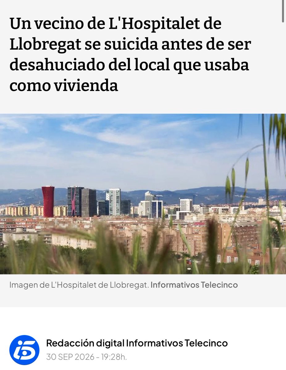Capitana_espana's tweet photo. Segundo suicidio vinculado a un desahucio en menos de dos semanas en L’Hospitalet.

Pero no verás la misma indignación, ni acampadas, ni un Consejo de Ministros reunido de urgencia.

Porque aquí gobierna el socialista @salvadorilla https://t.co/tdJKwwaps0