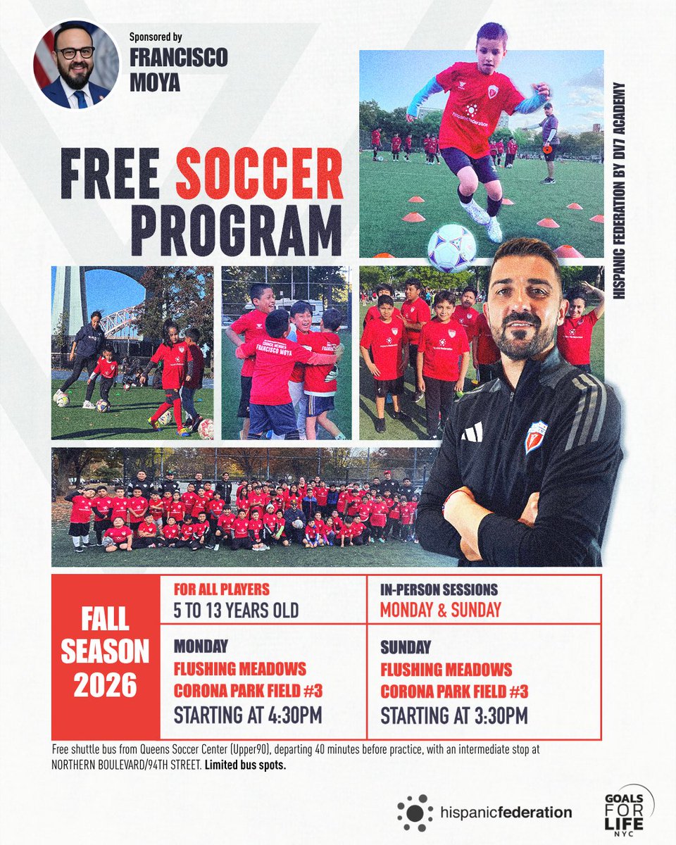 DV7soccer_NY's tweet photo. ⚽️ FREE SOCCER PROGRAM IS BACK TO DISTRICT 21!

DV7 Academy NYC is bringing back its Free Soccer Program with Hispanic Federation, proudly sponsored by Francisco Moya ❤️

📍 Flushing Meadows Corona Park – Field #3

📅 Oct 11–Nov 22
👧🧒 Free for kids

🔗 https://t.co/KTWSkAFYQB https://t.co/ns1sRQy5al