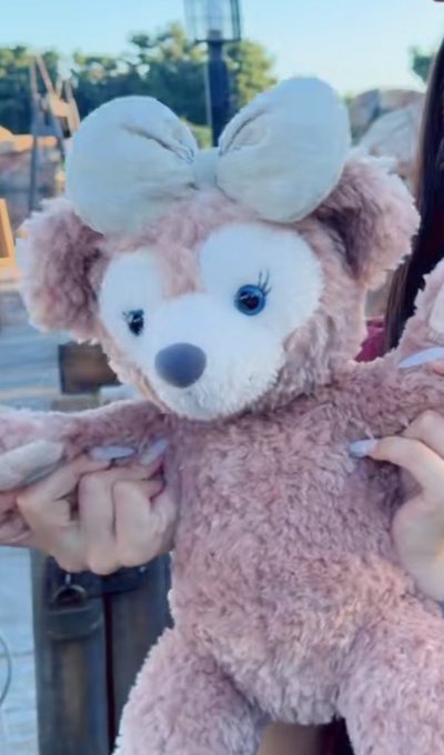 A person holds up a dusty pink Duffy bear plush toy (a Disney character) featuring a large white bow on its head, blue eyes, and a white muzzle, photographed outdoors.