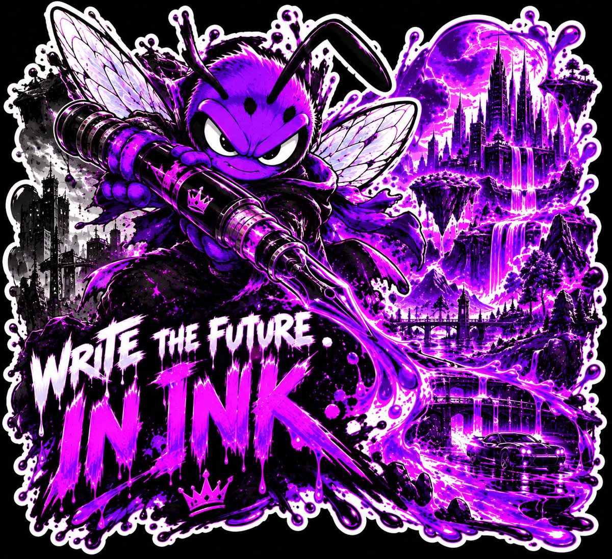 inkshogun2026's tweet photo. Concept #10 - WRITE THE FUTURE IN INK. 🐝🟣

The final one.
10 concepts. 10 different inspirations. One ecosystem. 🟣

For the last sticker, I wanted something that represents what INK is really about to me:
The future isn’t something you wait for.

You build it. 
You shape it. 
You write it.

WRITE THE FUTURE IN INK. ⚔️🔥

That’s all 10.

The Ink Shogun is finally done cooking. 😂⚔️⛩️🟣
@inkthehornet 
@inkonchain 
@cruelhandeth