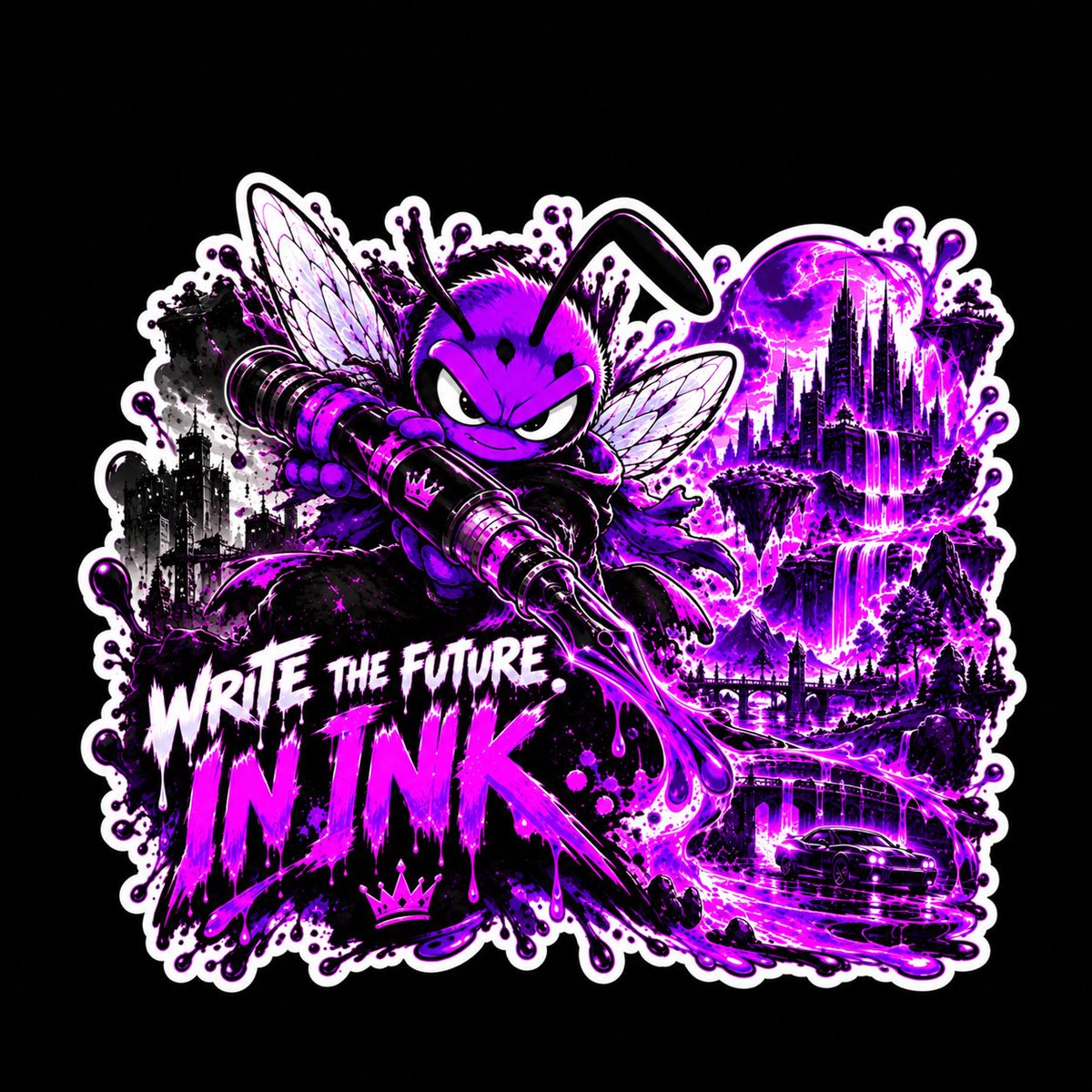 inkshogun2026's tweet photo. Concept #10 - WRITE THE FUTURE IN INK. 🐝🟣

The final one.
10 concepts. 10 different inspirations. One ecosystem. 🟣

For the last sticker, I wanted something that represents what INK is really about to me:
The future isn’t something you wait for.

You build it. 
You shape it. 
You write it.

WRITE THE FUTURE IN INK. ⚔️🔥

That’s all 10.

The Ink Shogun is finally done cooking. 😂⚔️⛩️🟣
@inkthehornet 
@inkonchain 
@cruelhandeth