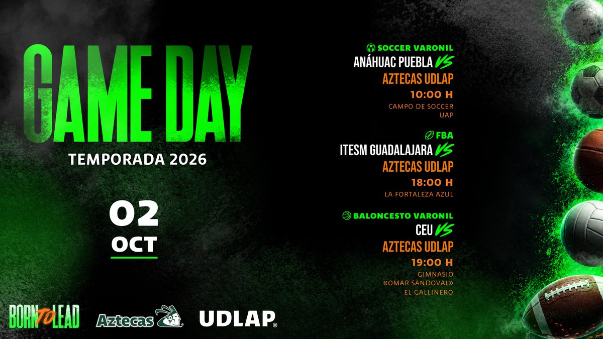 aztecasudlap's tweet photo. 🟢GAME DAY 🟢
Tres escenarios. Tres desafíos. Una misma identidad: Aztecas UDLAP. Este 2 de octubre, nuestras escuadras afrontan una nueva jornada. #TodosSomosAztecas #AztecasUDLAP #BorntoLead
⚽ Soccer varonil | 10:00 h
🏀 Baloncesto varonil | 19:00 h
🏈 FBA | 18:00 h https://t.co/m6ut86j4ru