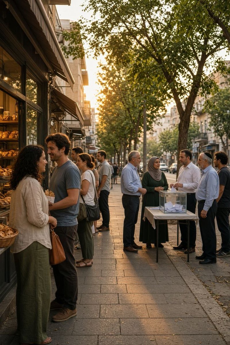 CVP_Group's tweet photo. Dear Israelis,  
If you want the bakery line to stay a bakery line, give Palestinians citizenship and the right to vote.  
A war with no political end will keep leaking into the bus, the queue, and the evening that will not stay quiet.

Recognize the rights of everyone who lives in this land, and public life can recover the space between a small slight and an outburst.

You will not restore courtesy by asking people to swallow more tension. You restore it when the fight next door is no longer left unfinished. 

A gentle street begins when the neighbor is no longer denied a voice.

#Palestine
#Israel
#ישראל