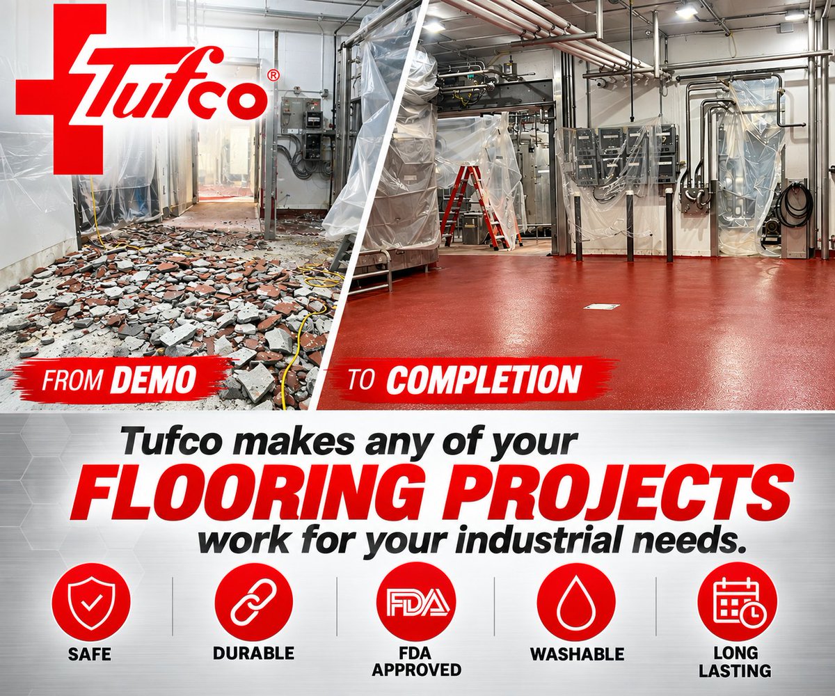 tufcoflooring's tweet photo. Safe. Durable. Washable. Long-lasting. Our flooring systems are designed to perform in demanding industrial environments while providing a clean, professional finish.
Whatever your flooring project requires, Tufco has you covered.
#Tufco #IndustrialFlooring #ResinousFlooring #FlooringSolutions #Manufacturing #FoodProcessing #FacilityMaintenance