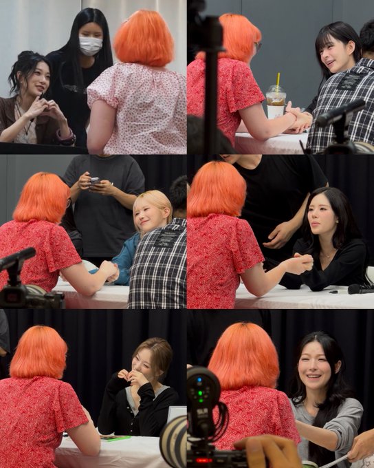 A collage of six photos showing a person with orange hair meeting various fans at what appears to be a signing event.