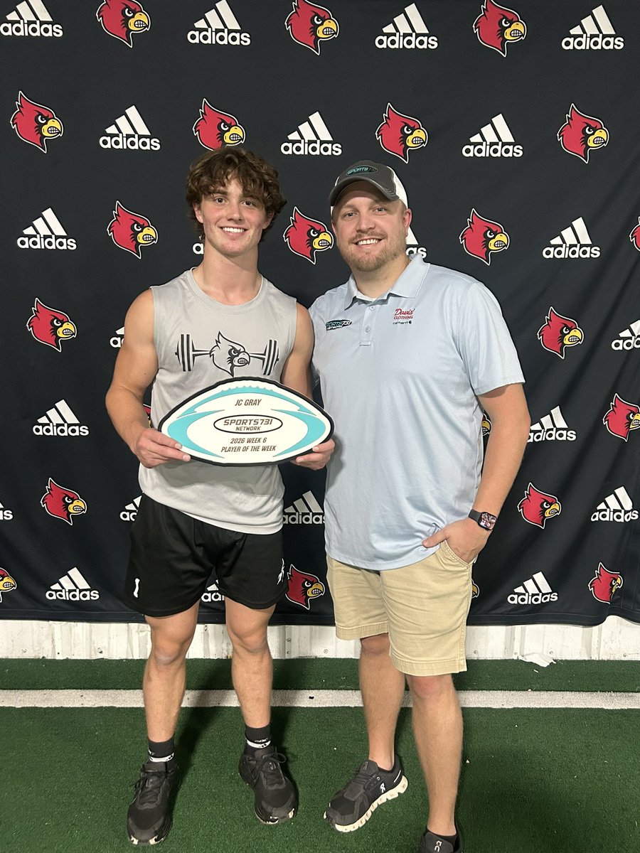 Sports731Net's tweet photo. Congratulations to @AdamsvilleCard1 JC Gray, the Week 6 Sports731 Network Player of the Week, presented by Cagle Service Heating and Air, Plumbing and Electric!

Gray put together a spectacular performance in the Cardinals’ matchup with Tishomingo County, making his mark in multiple ways throughout the night.

He carried the ball 21 times for 357 yards and five touchdowns, then added a 30-yard touchdown pass. Gray finished the night with six total touchdowns to help lead Adamsville to a 55-35 win! 🏈