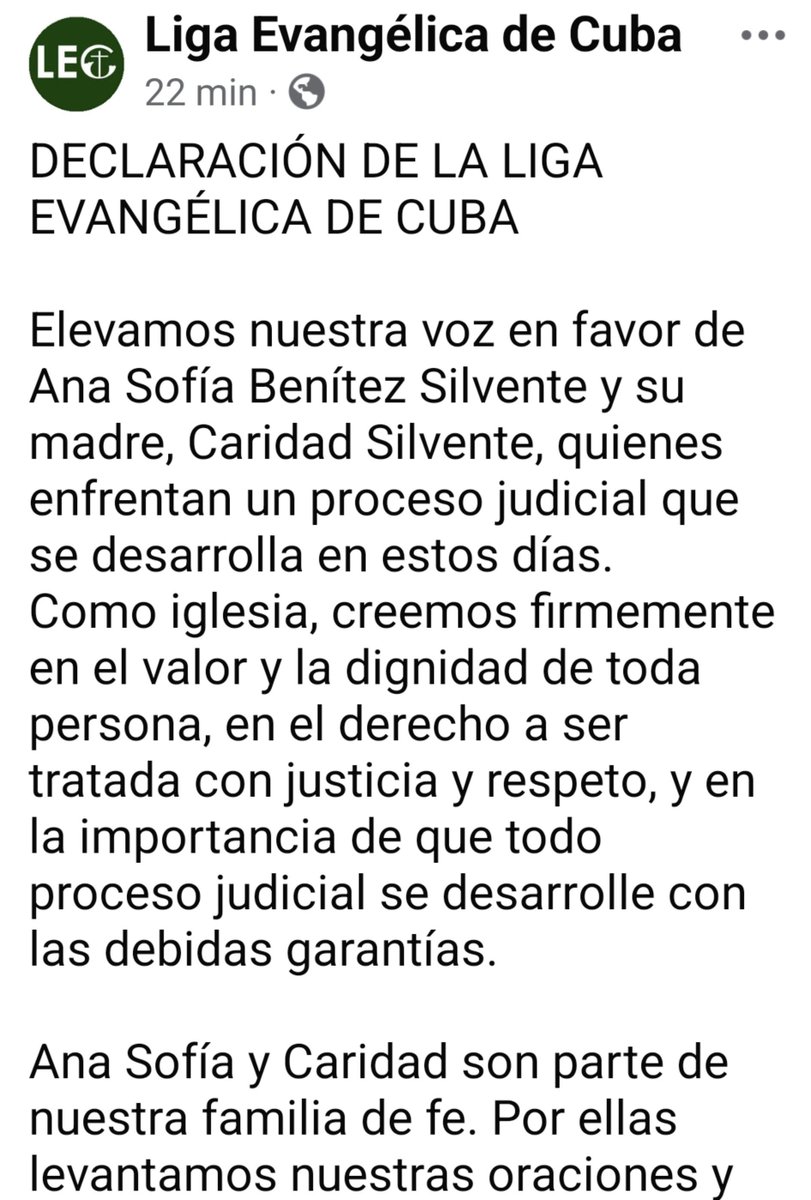AsereYaPing's tweet photo. Se suma al clamor por la justicia para  @_annabensi y su madre,la @iglecuba
 Liga Evangélica de Cuba,en el Amor de nuestro Salvador  Jesucristo. 
Esto es épico porque más allá de la situacion puntual,se ve una unión por la justicia y los derechos de muestro pueblo,sin precedentes https://t.co/kd4DrHQucr