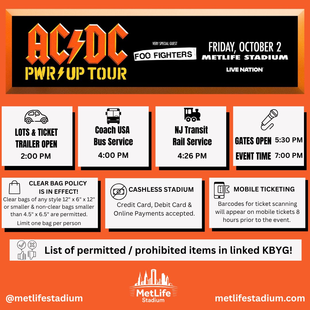 MetLifeStadium's tweet photo. Coming to the AC/DC POWER UP Tour? Let's get ready to rock! Here’s all you need to know before you go! 🎸 🔥 

ℹ️ https://t.co/MiUPwO8C2k https://t.co/VmCbTM7uFc