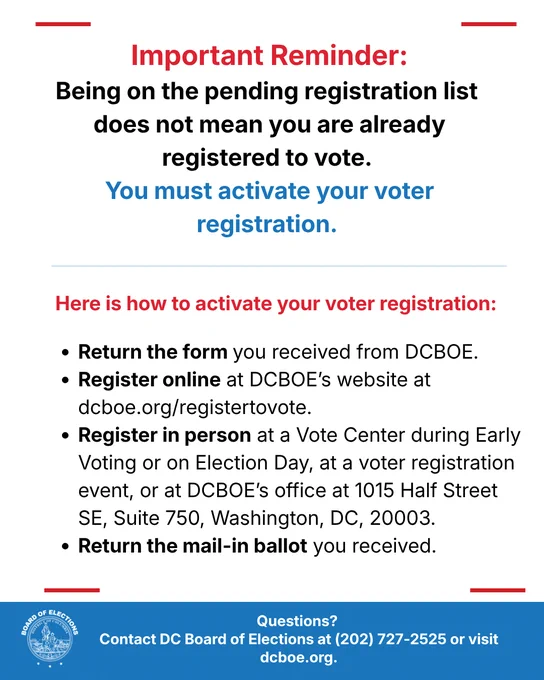 The image offers an important reminder to DC residents that being on the pending registration list does not mean one is registered to vote and urges activating voter registration. Instructions include returning a form from DCBOE, registering online at dcboe.org/registertovote, registering in person at specified locations, and returning the mail-in ballot if received. A contact number, 202-727-2525, and website, dcboe.org for questions are provided at the bottom.