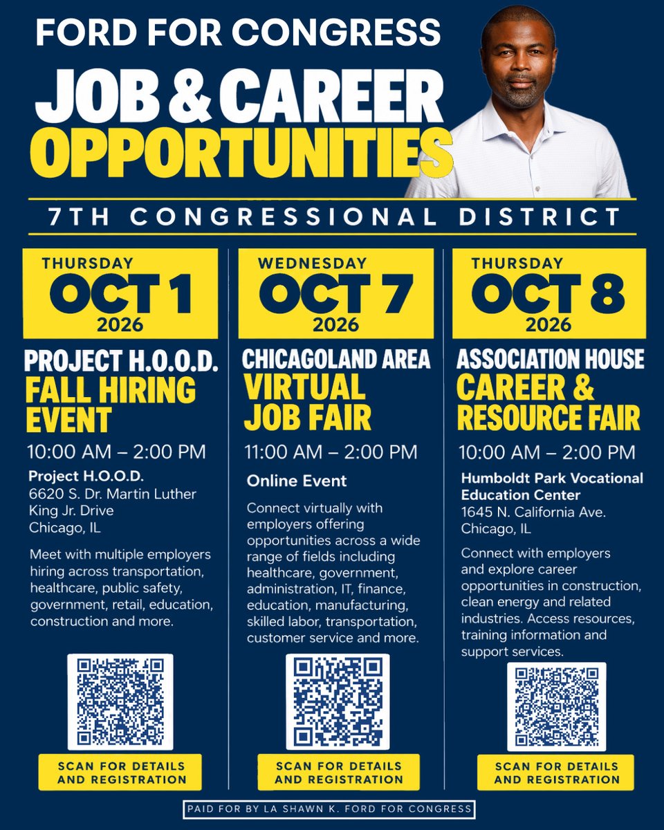 ford4congress's tweet photo. Looking for work or your next career opportunity?
3 upcoming Chicago-area hiring events:

Oct. 1: Project H.O.O.D. Fall Hiring Event
Oct. 7: Chicagoland Area Virtual Job Fair
Oct. 8: Association House Career & Resource Fair

See the graphic for times, locations & registration.
Please share with someone looking for work.

#ChicagoJobs #Hiring #IL07